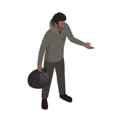 Dirty poor man with black bag stretching hand for money isometric icon vector illustration