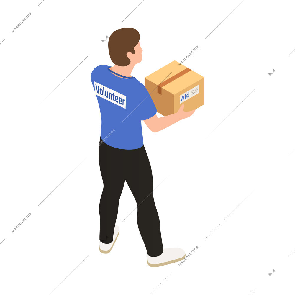 Volunteer carrying carboard box with aid for people in need isometric vector illustration