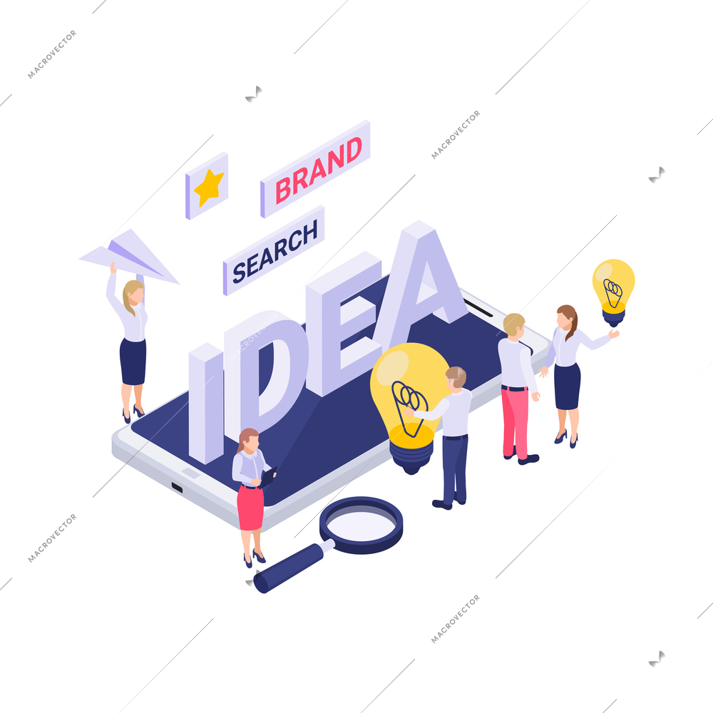 Branding strategy concept with isometric characters brainstorming creating new ideas 3d vector illustration