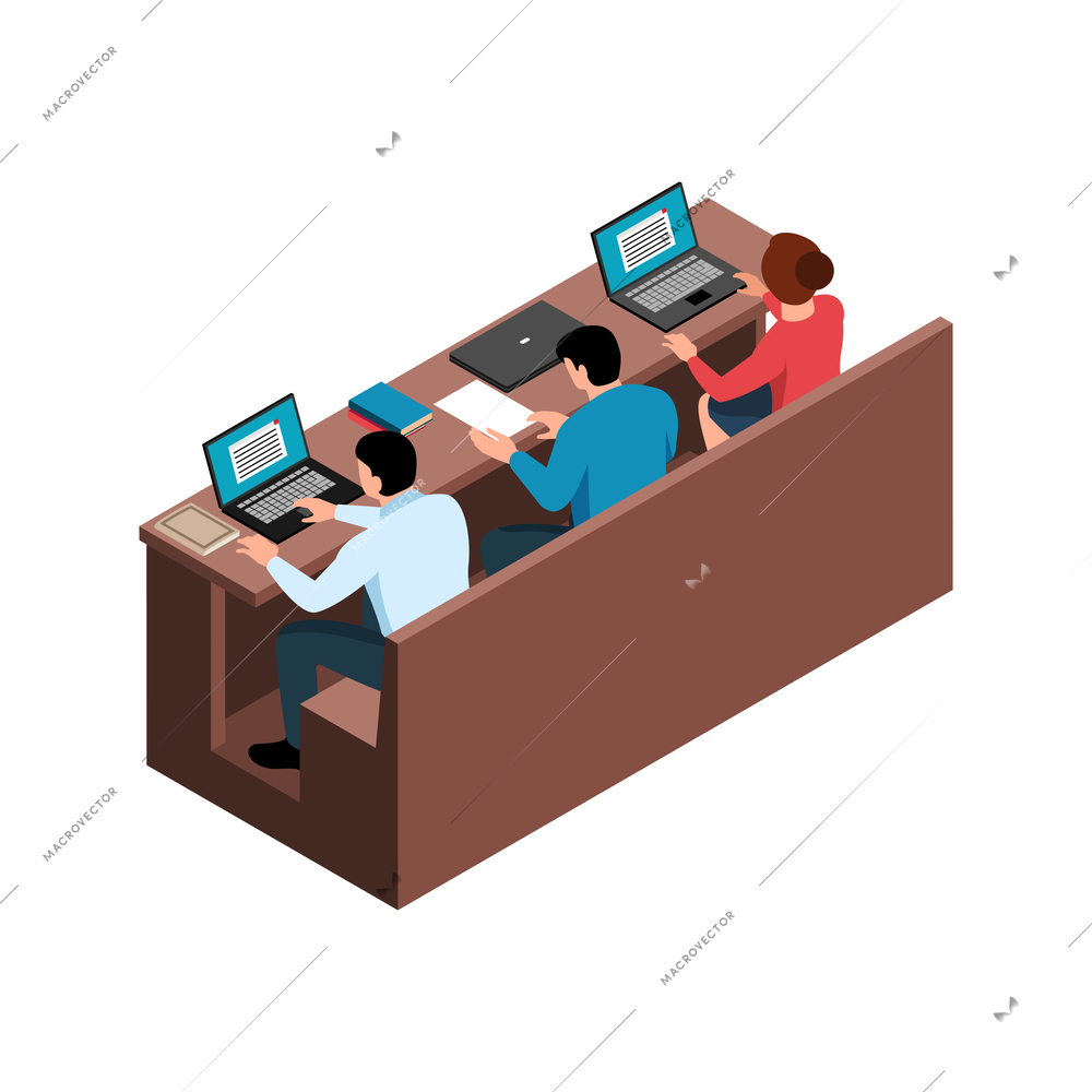 Isometric back view of lecture hall seats with working students 3d vector illustration