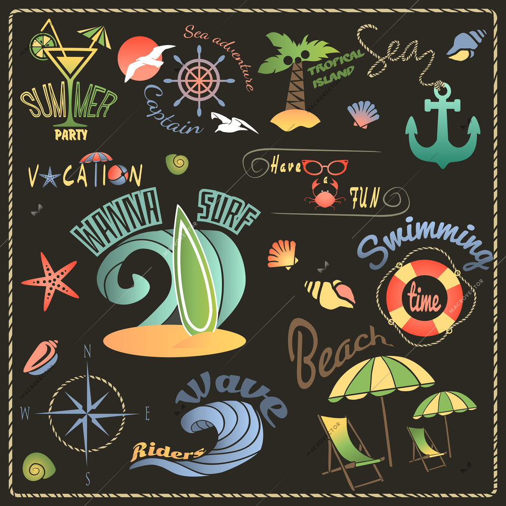 Summer sea retro vacation travel labels set isolated on black background vector illustration