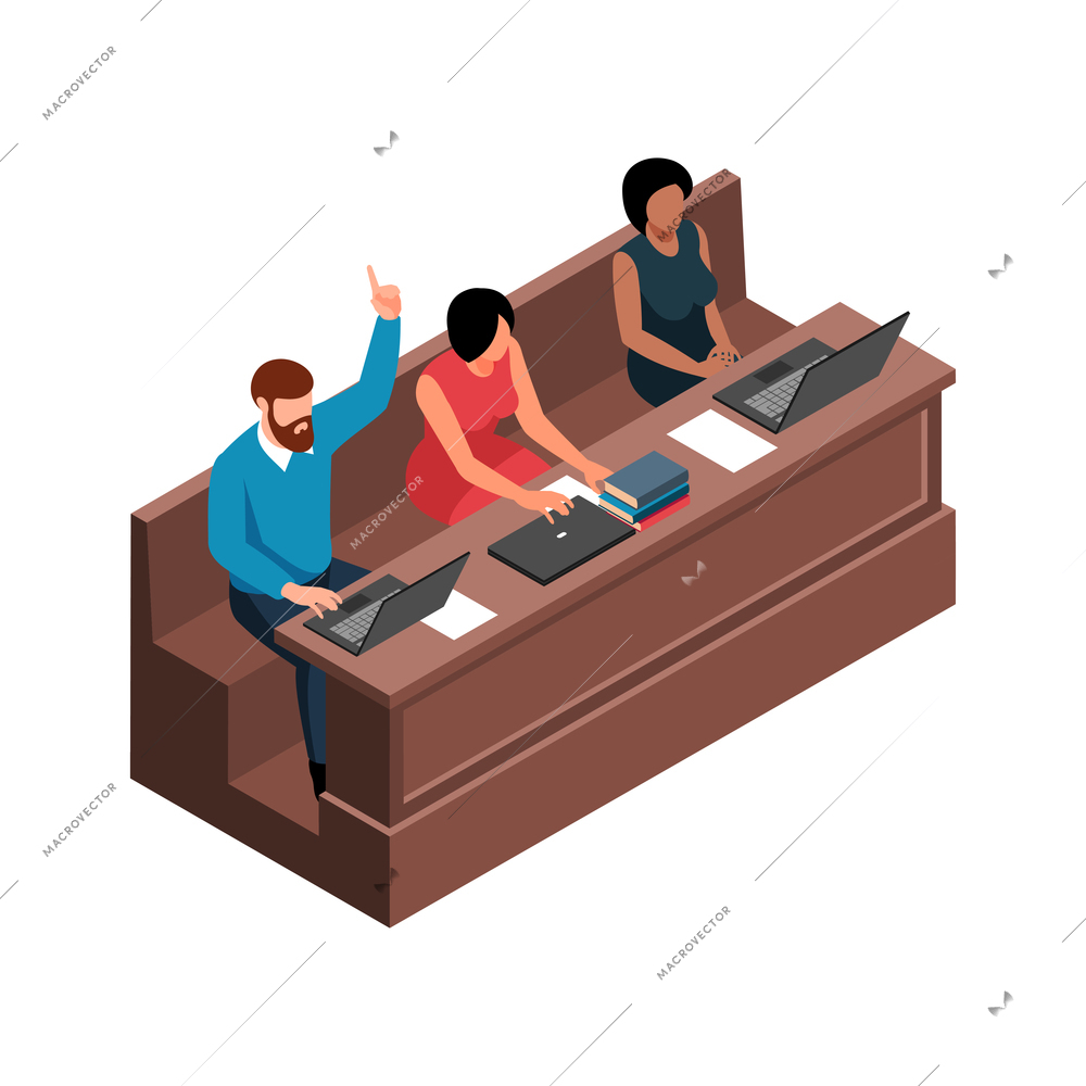 Isometric characters of adult students at lecture hall desk 3d vector illustration