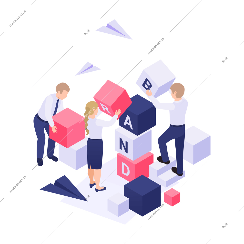 Brand building isometric concept with characters and colorful blocks 3d vector illustration