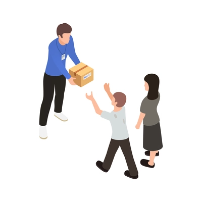 Charity isometric icon with volunteer giving aid to poor children 3d vector illustration