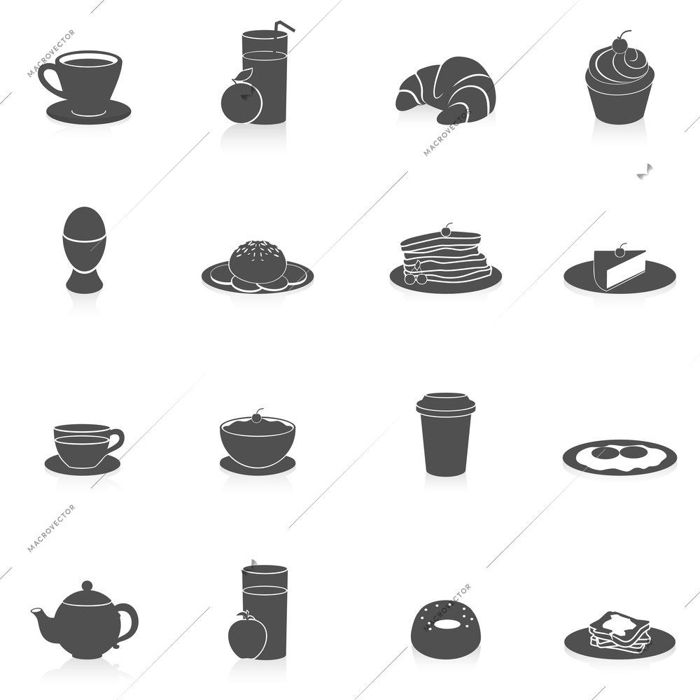 Breakfast tasty food and drink icon black set with coffee pancakes and fried bread isolated vector illustration
