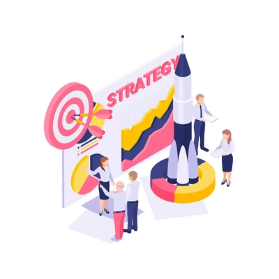 Isometric branding strategy concept with rocket target characters colorful diagram vector illustration
