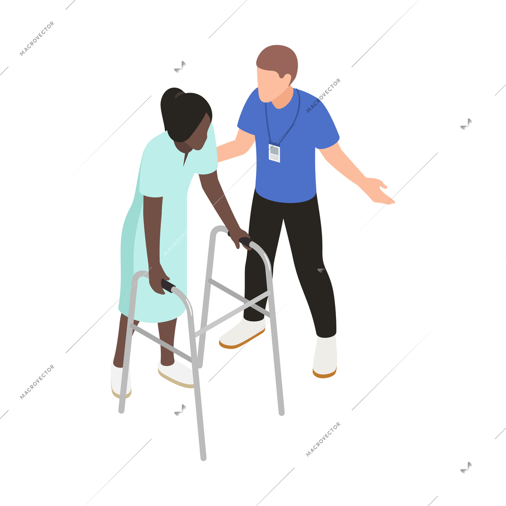 Volunteering isometric icon with man helping disabled woman with walking frame vector illustration