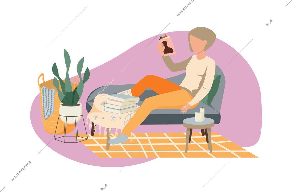 Flat hygge lifestyle composition with reading woman in cozy furnished living room vector illustration