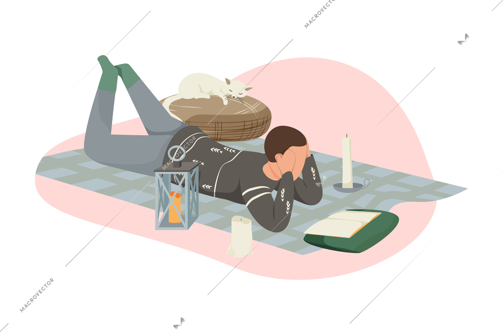 Hygge lifestyle composition with character reading on carpet with candles and sleeping cat flat vector illustration