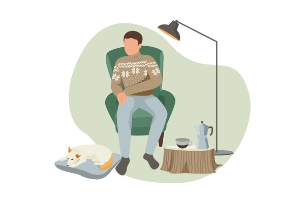 Flat composition with man and dog resting in hygge style living room vector illustration