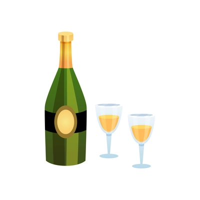 Flat icon with bottle of champagne and two glasses with drink isolated vector illustration