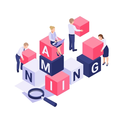 Isometric icon with people building word naming from colorful blocks 3d vector illustration