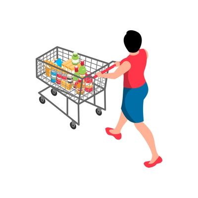 Woman customer with supermarket trolley on white background isometric icon vector illustration