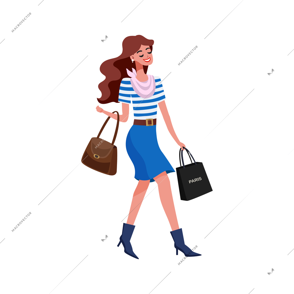 Flat icon with young elegant french woman and shopping bag vector illustration