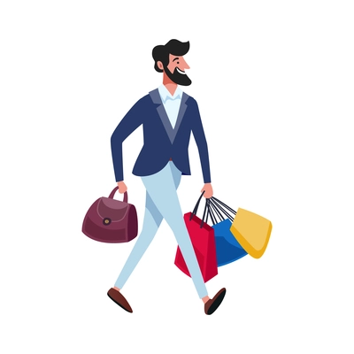 Happy elegant man walking with colorful shopping bags flat vector illustration