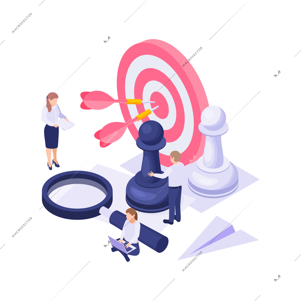 Isometric business concept with colorful target chess pieces magnifier working characters vector illustration