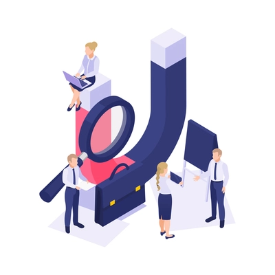 Customer retention marketing branding isometric concept with people and huge magnet 3d vector illustration