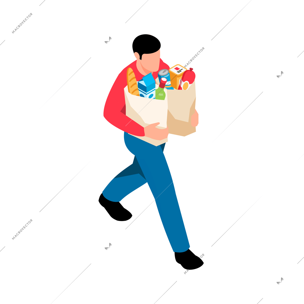 Isometric icon with man carrying products in paper bags from supermarket 3d vector illustration