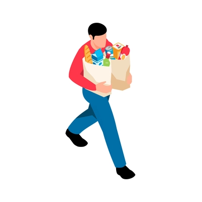 Isometric icon with man carrying products in paper bags from supermarket 3d vector illustration