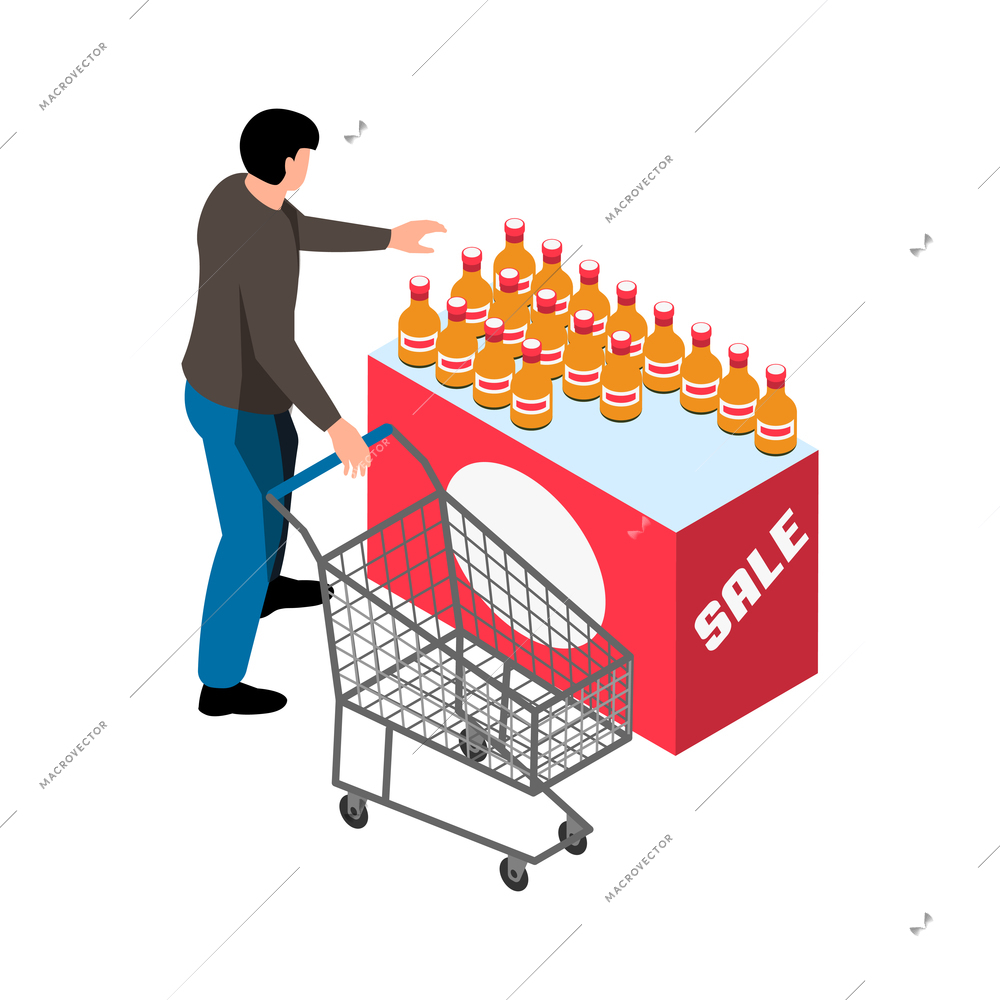 Man with empty trolley taking bottle from showcase in supermarket isometric icon vector illustration