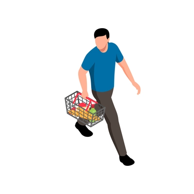 Isometric icon with man carrying supermarket shopping basket with goods vector illustration