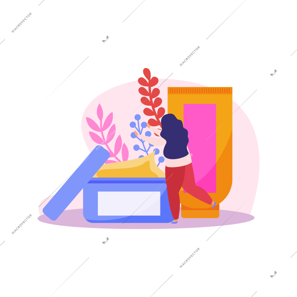 Flat beauty salon icon with woman character tube and jar of cream or cosmetic mask vector illustration