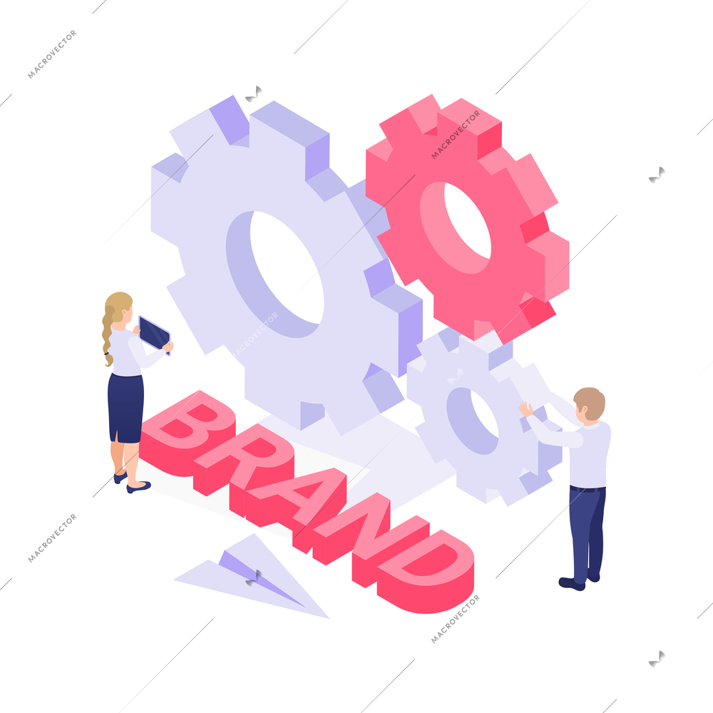 Brand isometric icon with colorful cogwheels and people on white background vector illustration