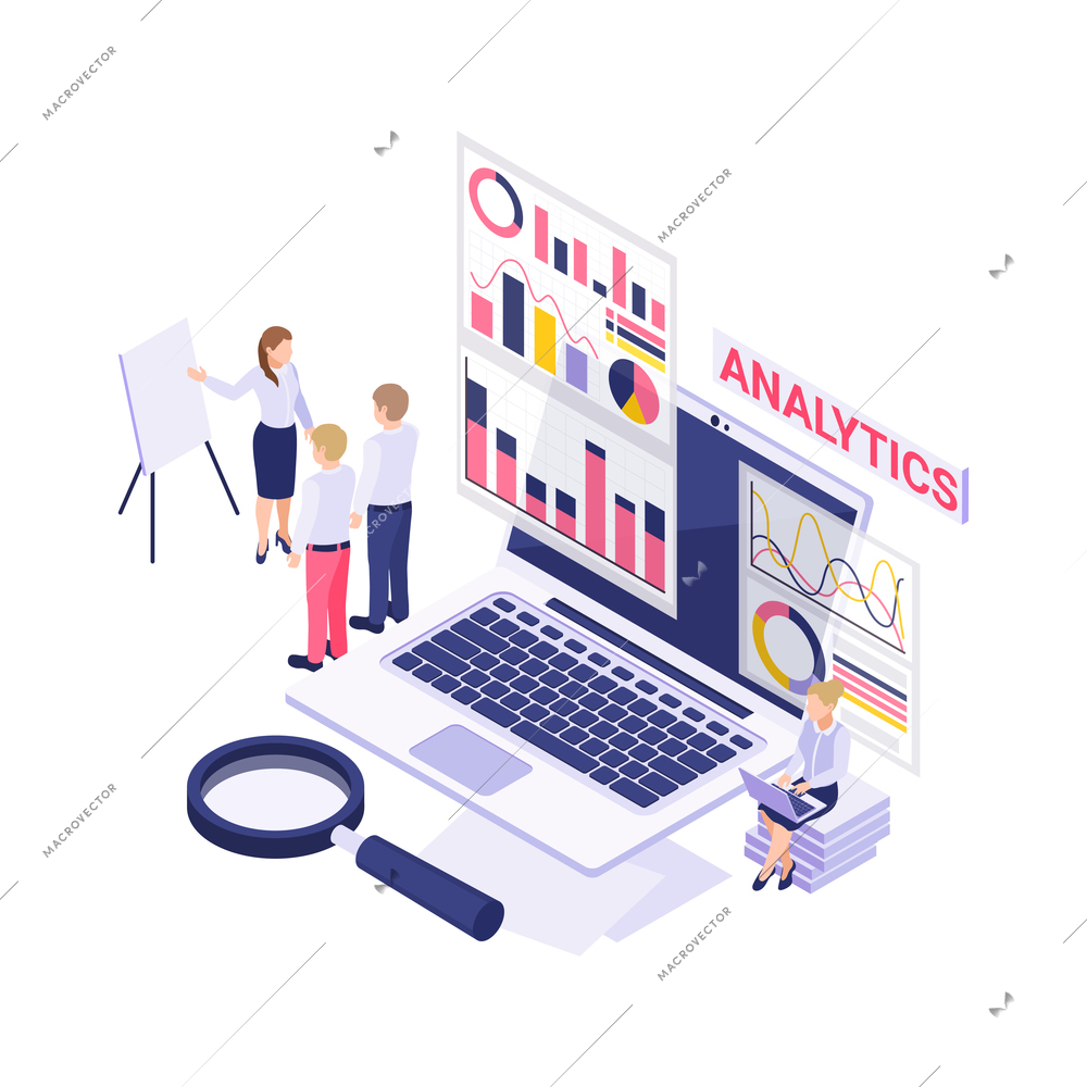 Analytics isometric icon with laptop magnifier working people and diagrams 3d vector illustration