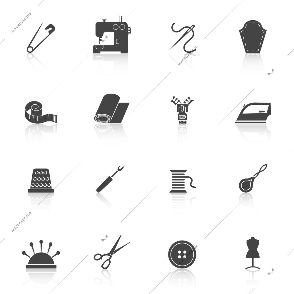 Sewing equipment and dressmaking accessories icons set black isolated vector illustration