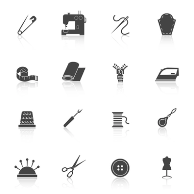 Sewing equipment and dressmaking accessories icons set black isolated vector illustration