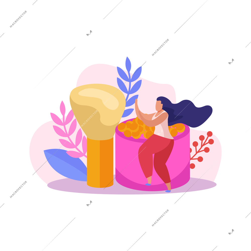 Flat icon with box of loose makeup powder brush and female character vector illustration