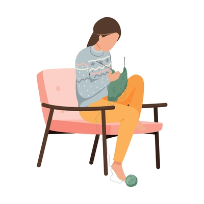 Woman in warm patterned sweater knitting in armchair flat icon vector illustration