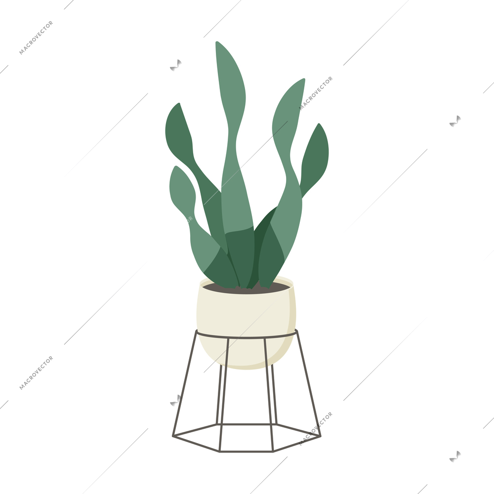 Flat design icon with green leaved potted plant for cozy room interior vector illustration