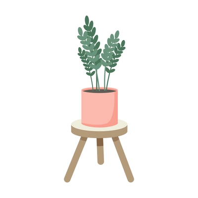 Green plant growing in pink pot on small table flat vector illustration