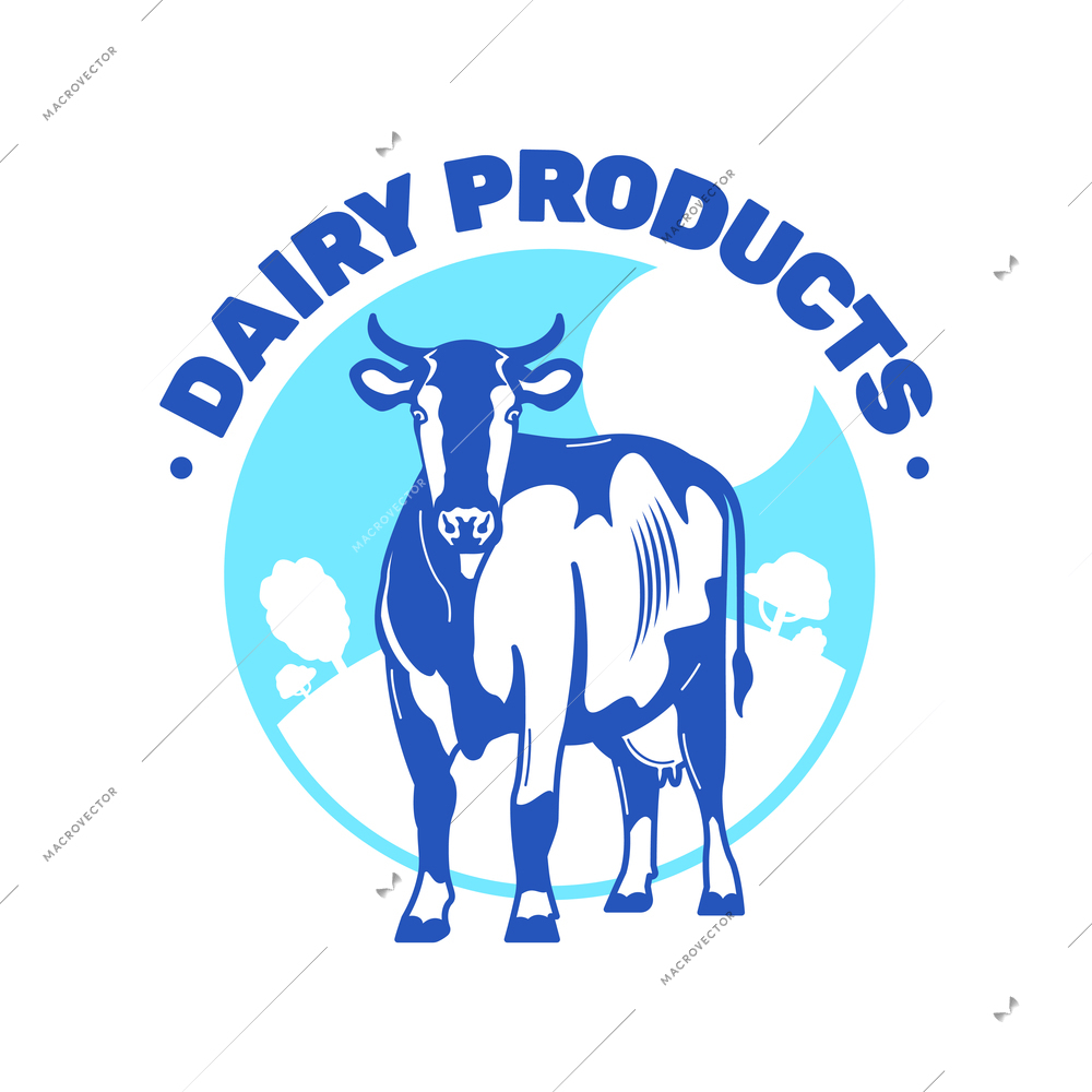 Milk farm emblem with blue and white color cow flat vector illustration