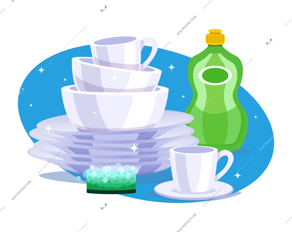 Flat composition with glowing clean dishes sponge and bottle of detergent vector illustration