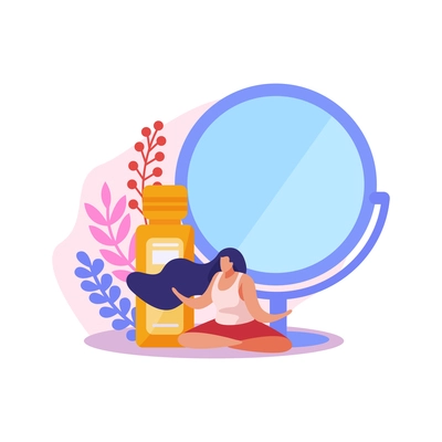 Beauty salon flat icon with relaxing woman mirror and bottle vector illustration