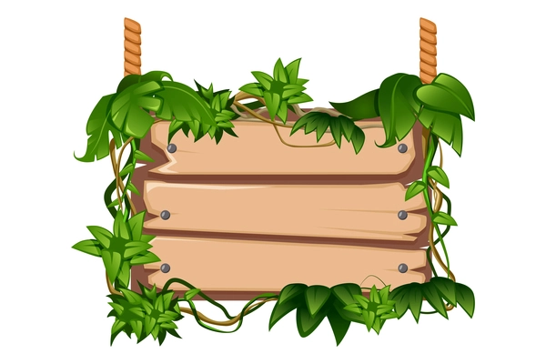 Cartoon sign board on ropes overgrown with tropical vine vector illustration