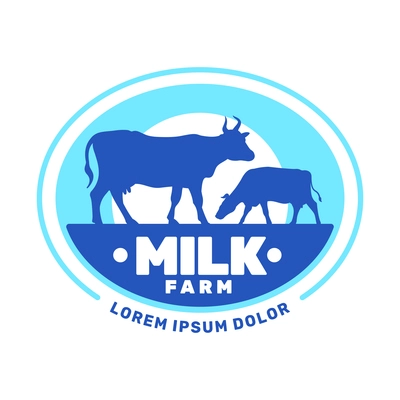 Milk farm blue and white emblem with cows flat vector illustration