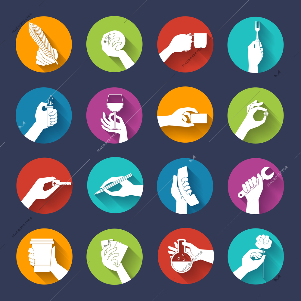 Human hands holding objects flat icons round buttons set isolated vector illustration