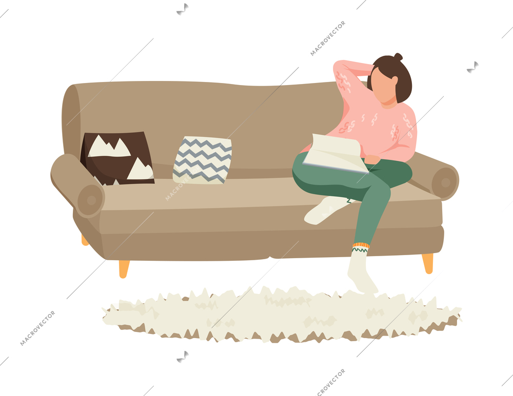 Flat hygge lifestyle icon with character reading book on sofa in cozy living room vector illustration