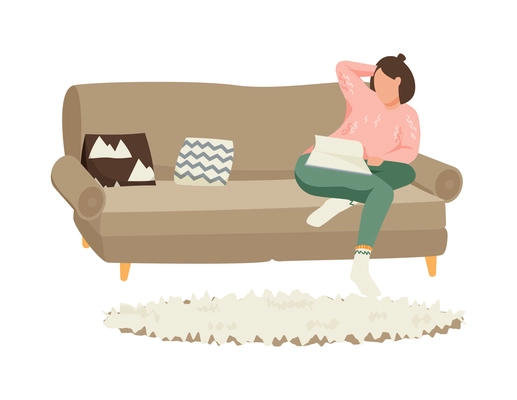 Flat hygge lifestyle icon with character reading book on sofa in cozy living room vector illustration