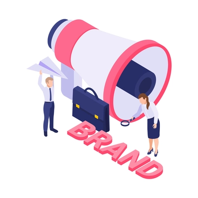 Isometric brand icon with megaphone and people on white background vector illustration