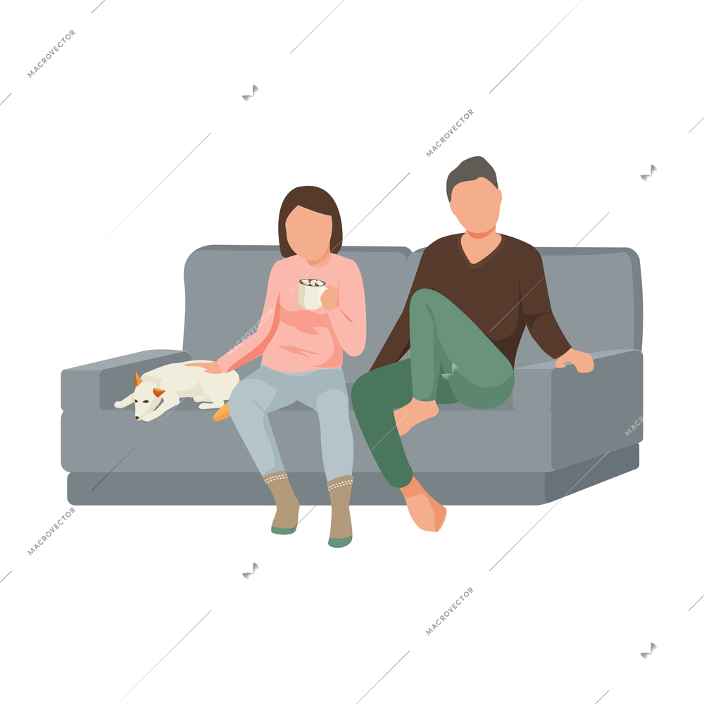 Hygge lifestyle flat icon with couple drinking hot chocolate sitting on sofa with dog vector illustration