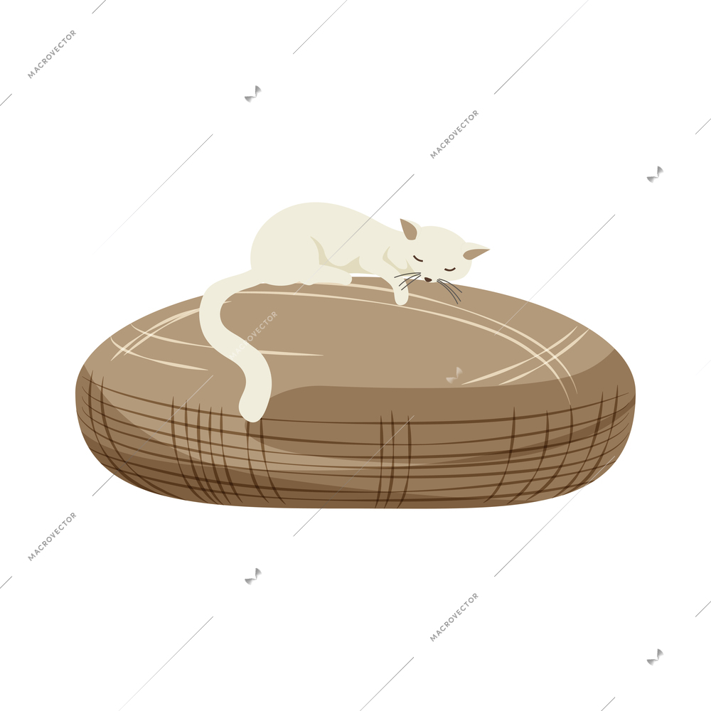 Flat icon with white cat sleeping on soft cushion vector illustration