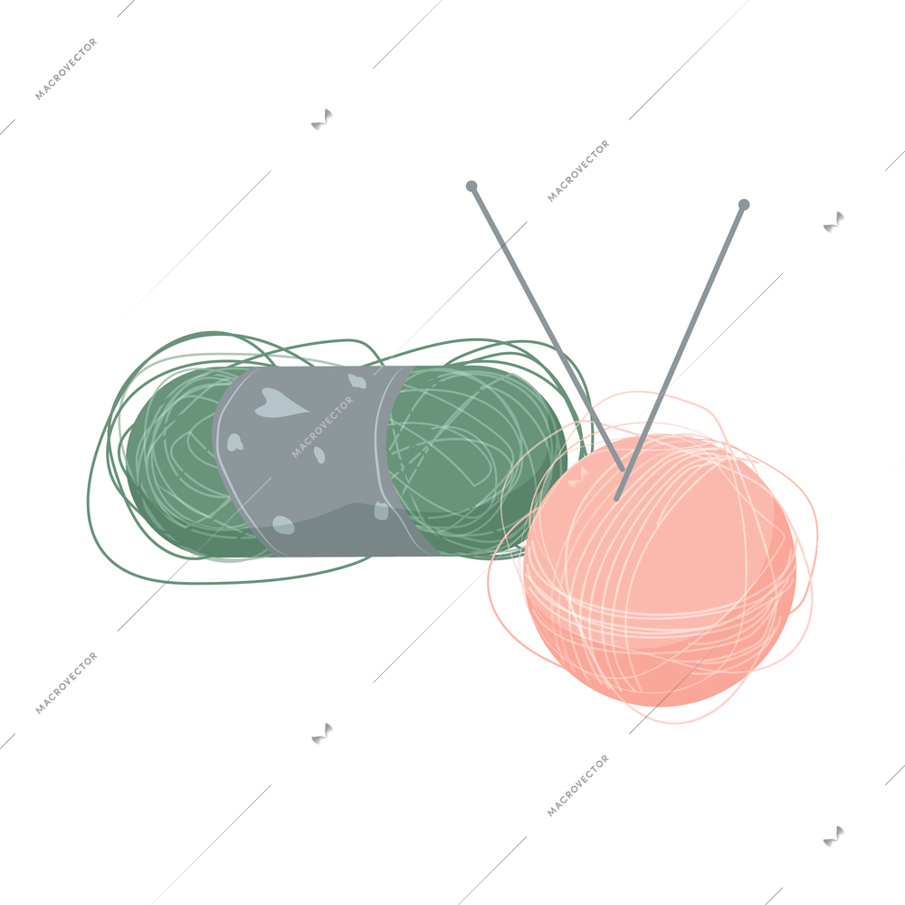 Knitting tools flat icon with two colorful yarn balls and needles vector illustration