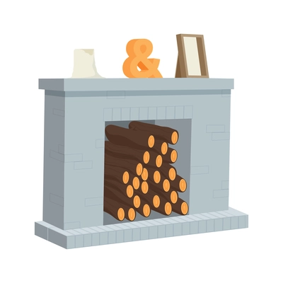 Fireplace with wooden logs candle and photo frame flat icon vector illustration