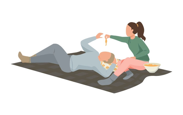 Hygge lifestyle icon with couple spending time together lying on floor flat vector illustration