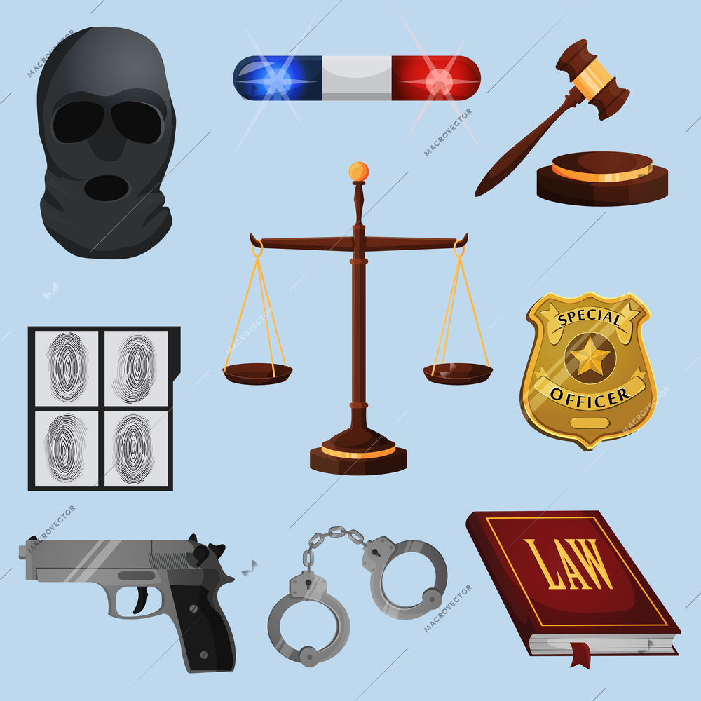 Law legal justice judge and legislation icons set with scales court gavel isolated vector illustration