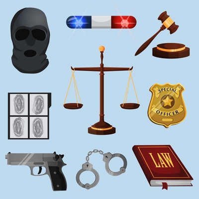 Law legal justice judge and legislation icons set with scales court gavel isolated vector illustration